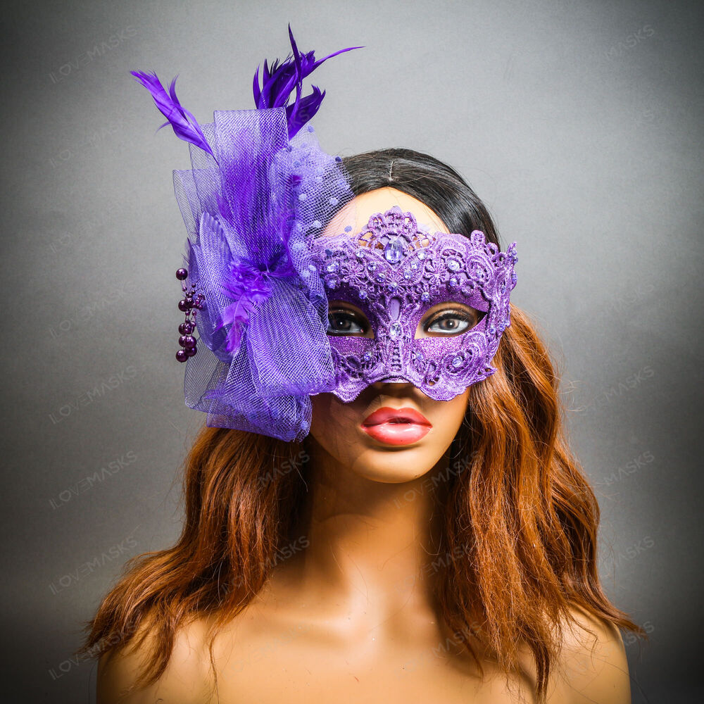 Flower Feather Mask Venetian Mardi Gras Masquerade - Purple - Picture 2 of 5